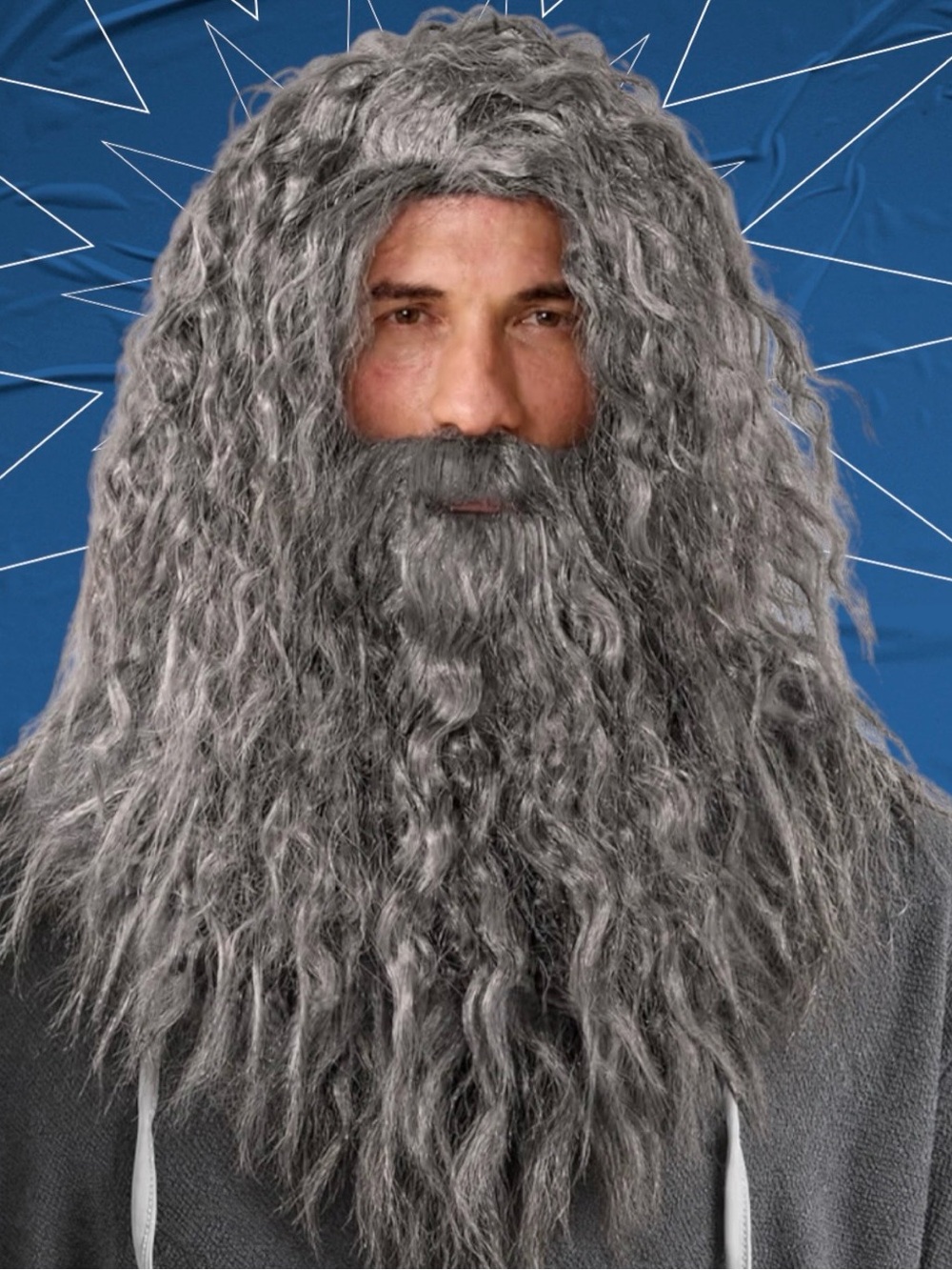 Halloween Silver Gray Curly Full Beard and Wig Set - Men's Costume